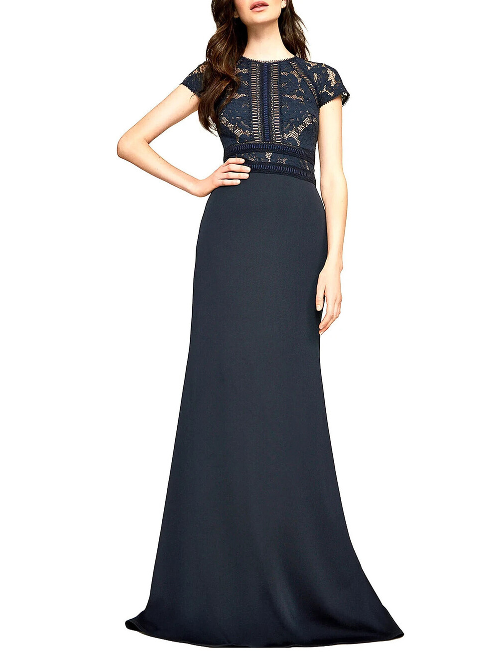 NEW Tadashi Shoji Lace & Crepe A-Line Gown in Navy Sz 10 #LD551